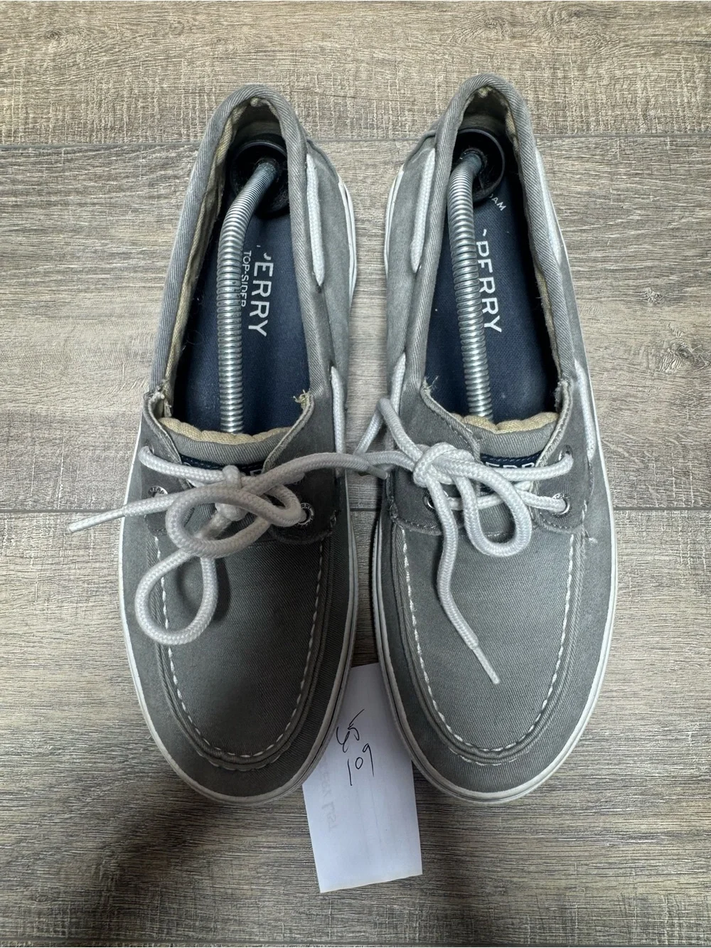 Sperry Gray Canvas Boat Shoes with White Laces